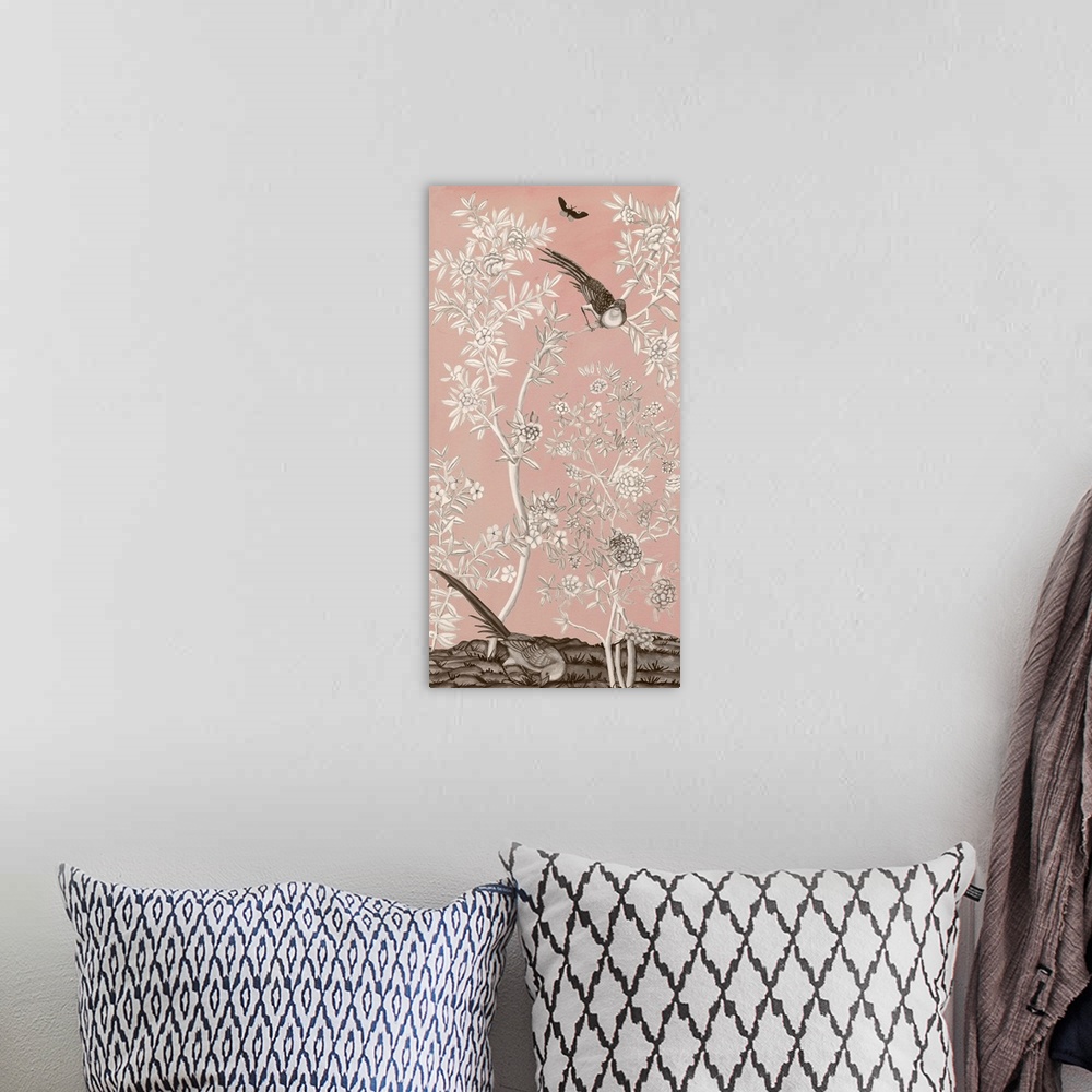 A bohemian room featuring Pale pink Chinese style artwork of a flowering bush with pheasants.