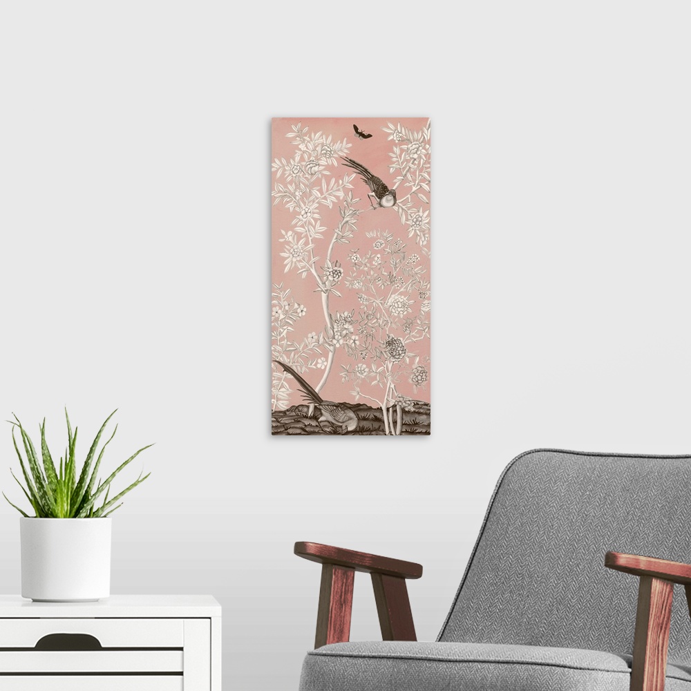 A modern room featuring Pale pink Chinese style artwork of a flowering bush with pheasants.