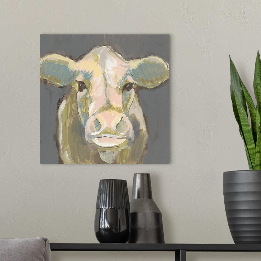 A modern room featuring Contemporary abstract portrait of a cow on a gray background.