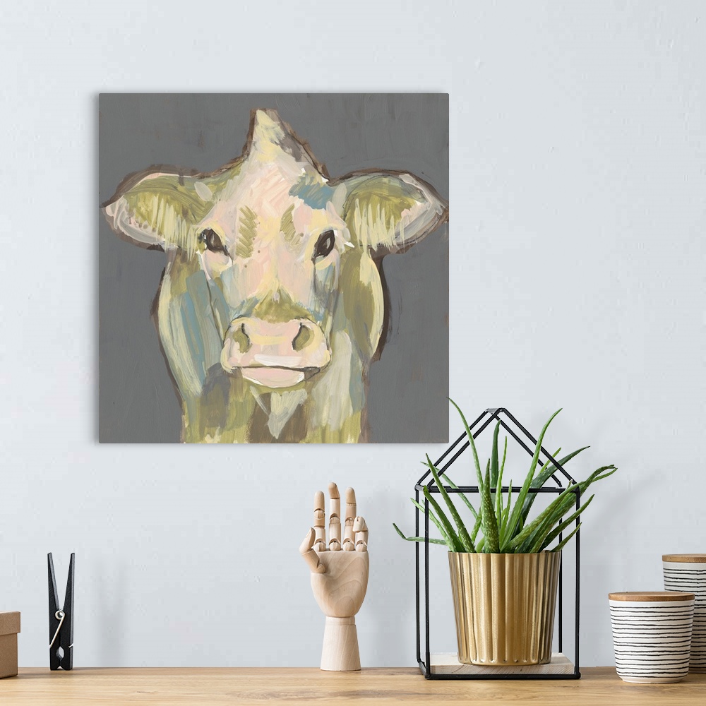 A bohemian room featuring Contemporary abstract portrait of a cow on a gray background.