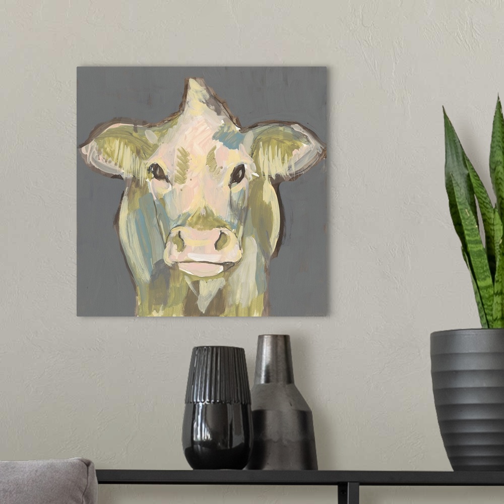 A modern room featuring Contemporary abstract portrait of a cow on a gray background.