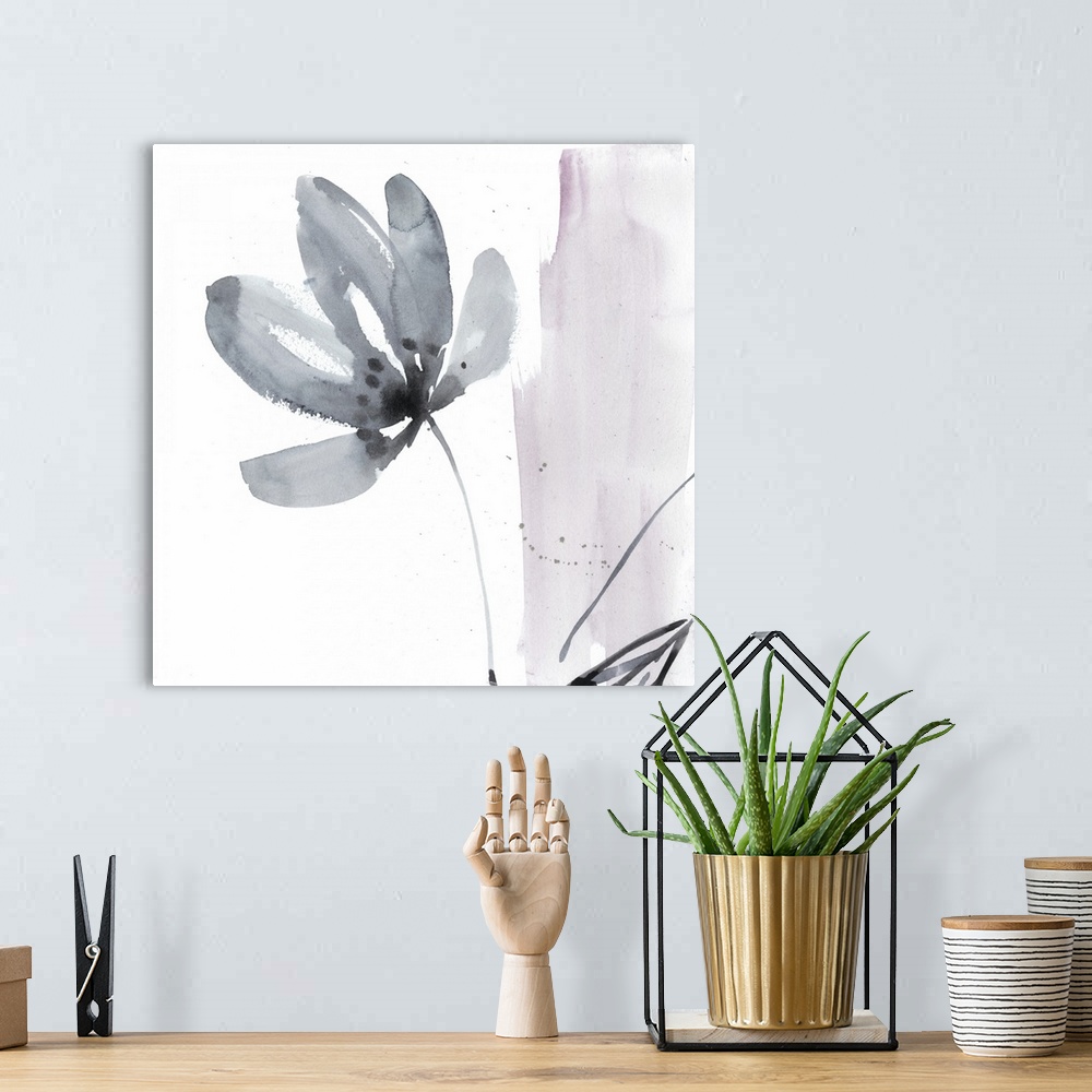 A bohemian room featuring Square watercolor abstract of a gray flower with a stroke of pink on the right.