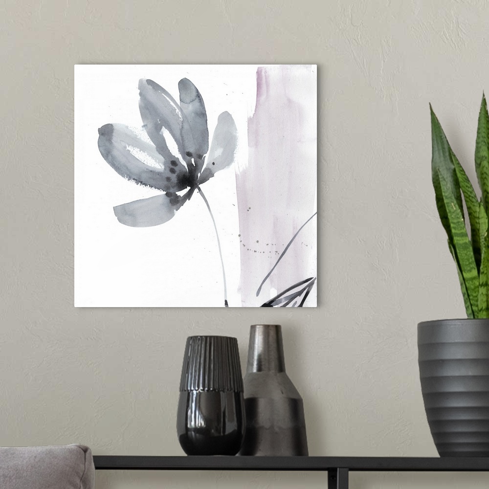 A modern room featuring Square watercolor abstract of a gray flower with a stroke of pink on the right.