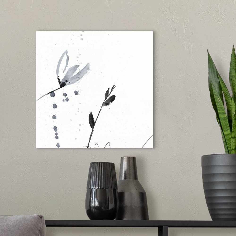 A modern room featuring Square watercolor abstract of small gray flowers with overlapping spatters of paint on a white ba...