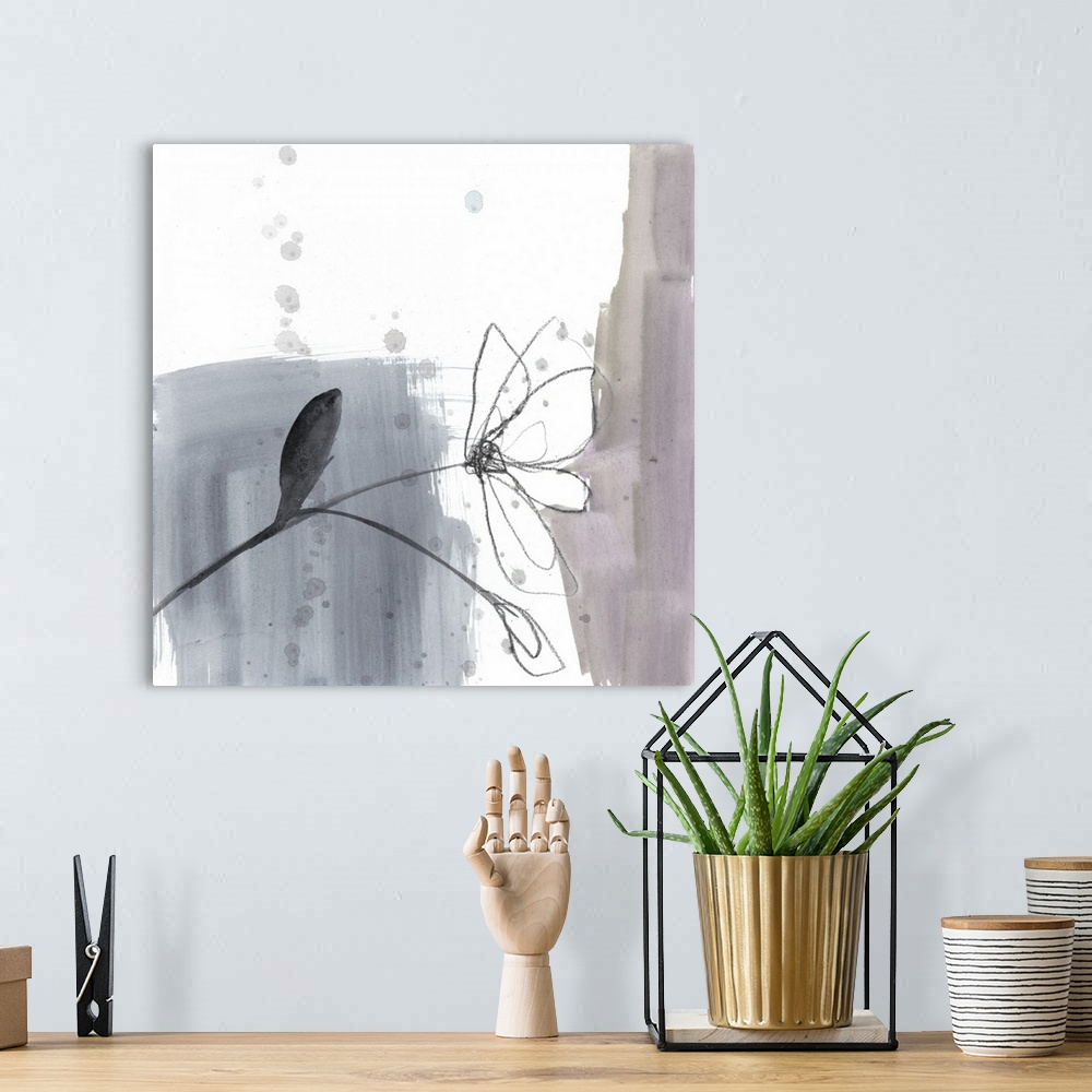 A bohemian room featuring Square watercolor abstract of the outline of a flower with overlapping spatters of paint on a whi...