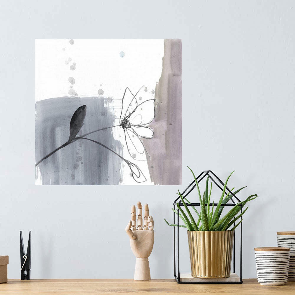 A bohemian room featuring Square watercolor abstract of the outline of a flower with overlapping spatters of paint on a whi...