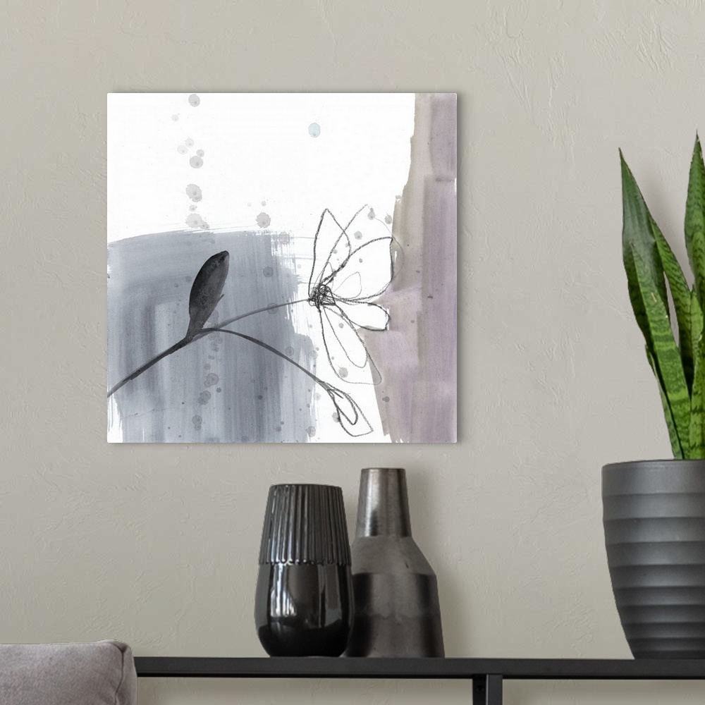 A modern room featuring Square watercolor abstract of the outline of a flower with overlapping spatters of paint on a whi...