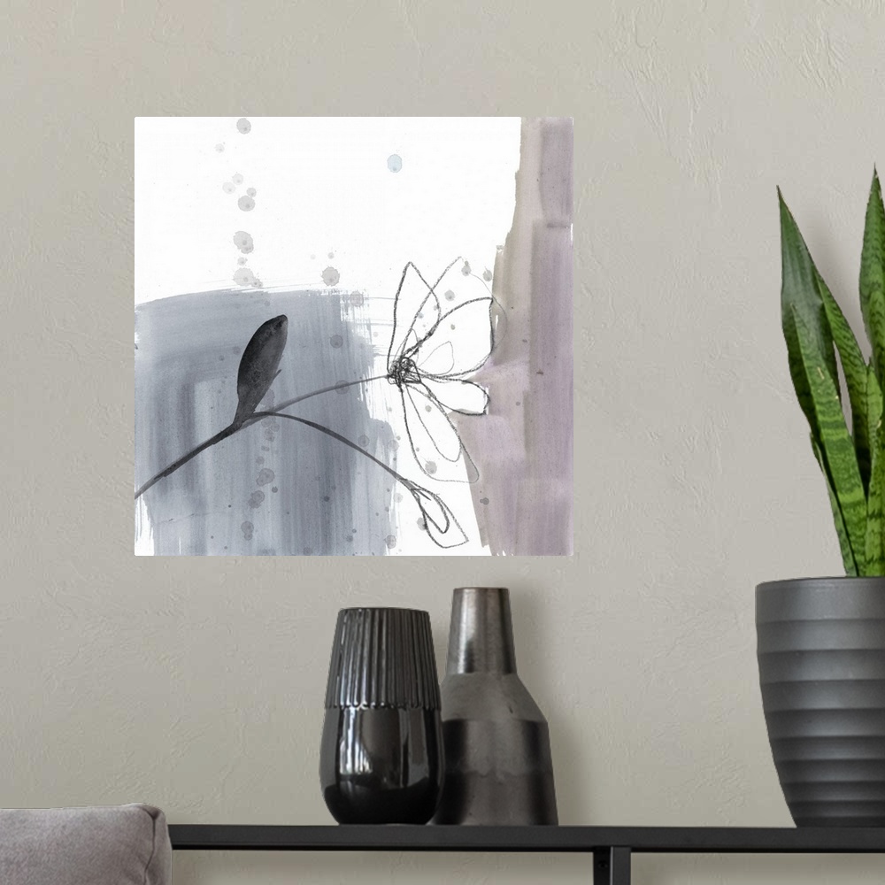 A modern room featuring Square watercolor abstract of the outline of a flower with overlapping spatters of paint on a whi...