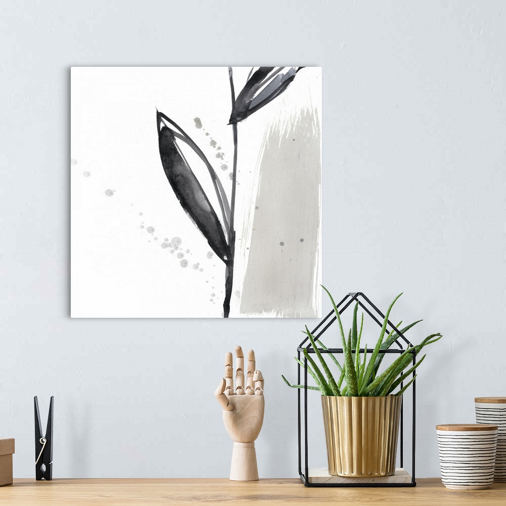 A bohemian room featuring Square watercolor abstract of a flower stem and leaves with overlapping spatters of paint on a wh...
