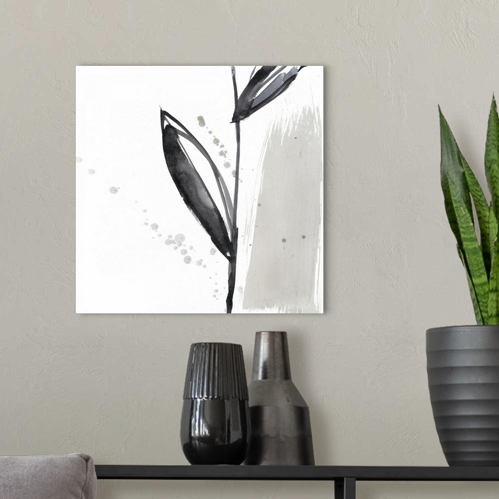 A modern room featuring Square watercolor abstract of a flower stem and leaves with overlapping spatters of paint on a wh...