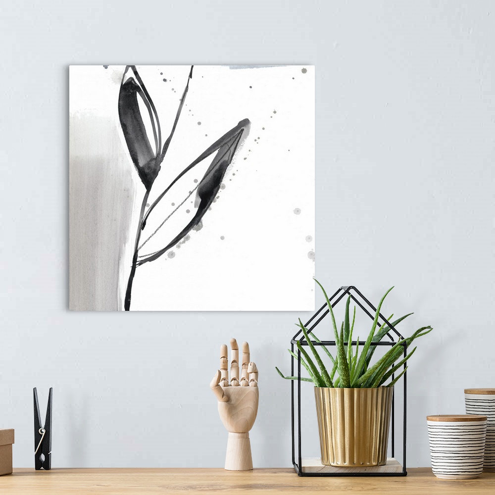 A bohemian room featuring Square watercolor abstract of a flower stem and leaves along strokes of gray with overlapping spa...