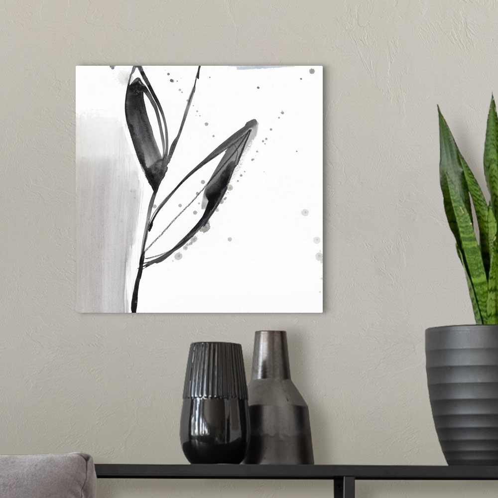A modern room featuring Square watercolor abstract of a flower stem and leaves along strokes of gray with overlapping spa...