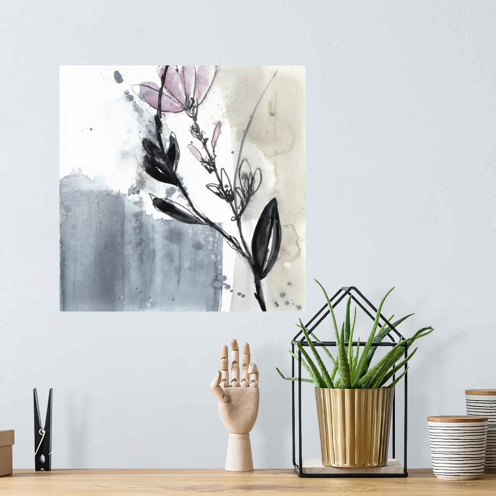 A bohemian room featuring Square watercolor abstract of small pink flowers along strokes of gray a beige with overlapping s...