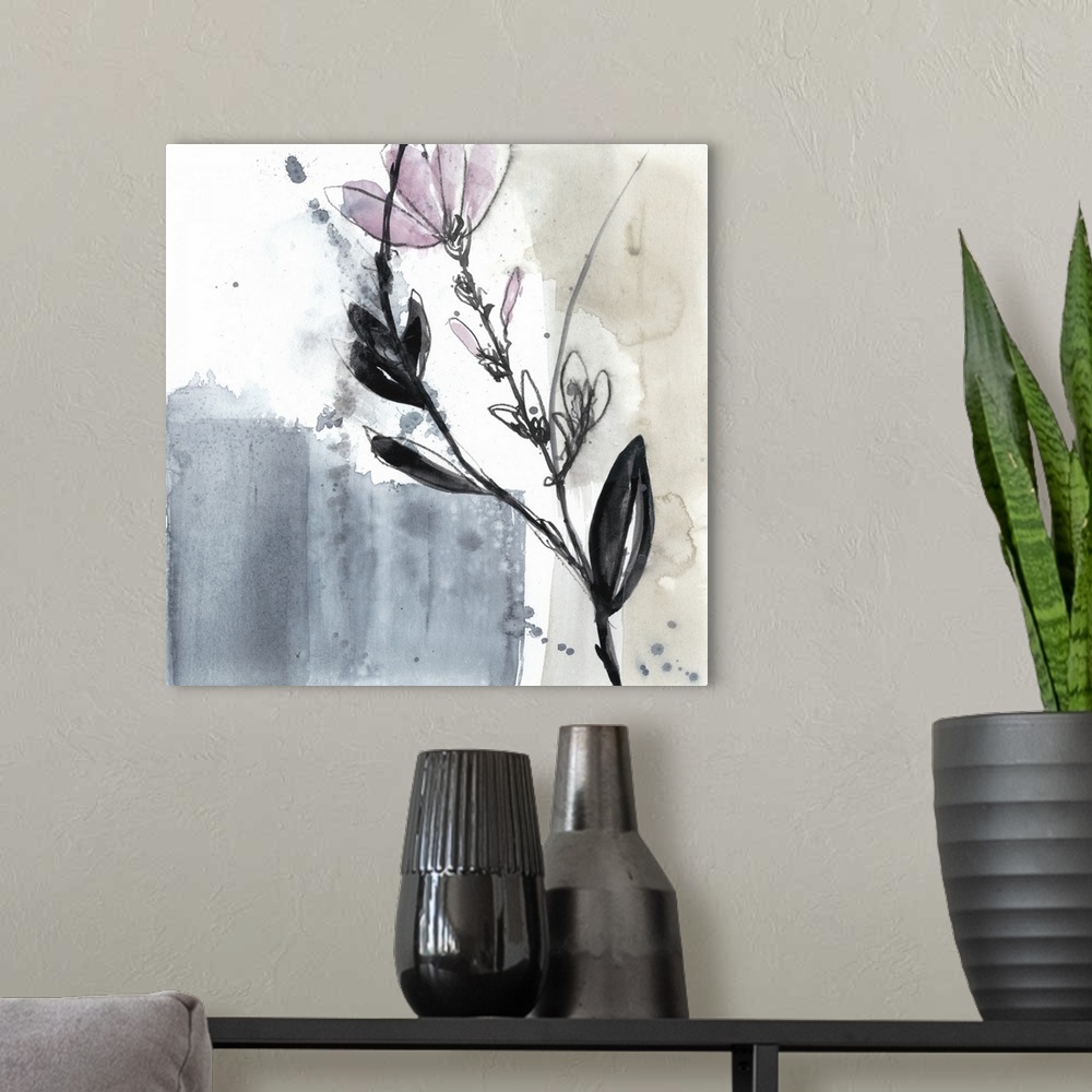 A modern room featuring Square watercolor abstract of small pink flowers along strokes of gray a beige with overlapping s...