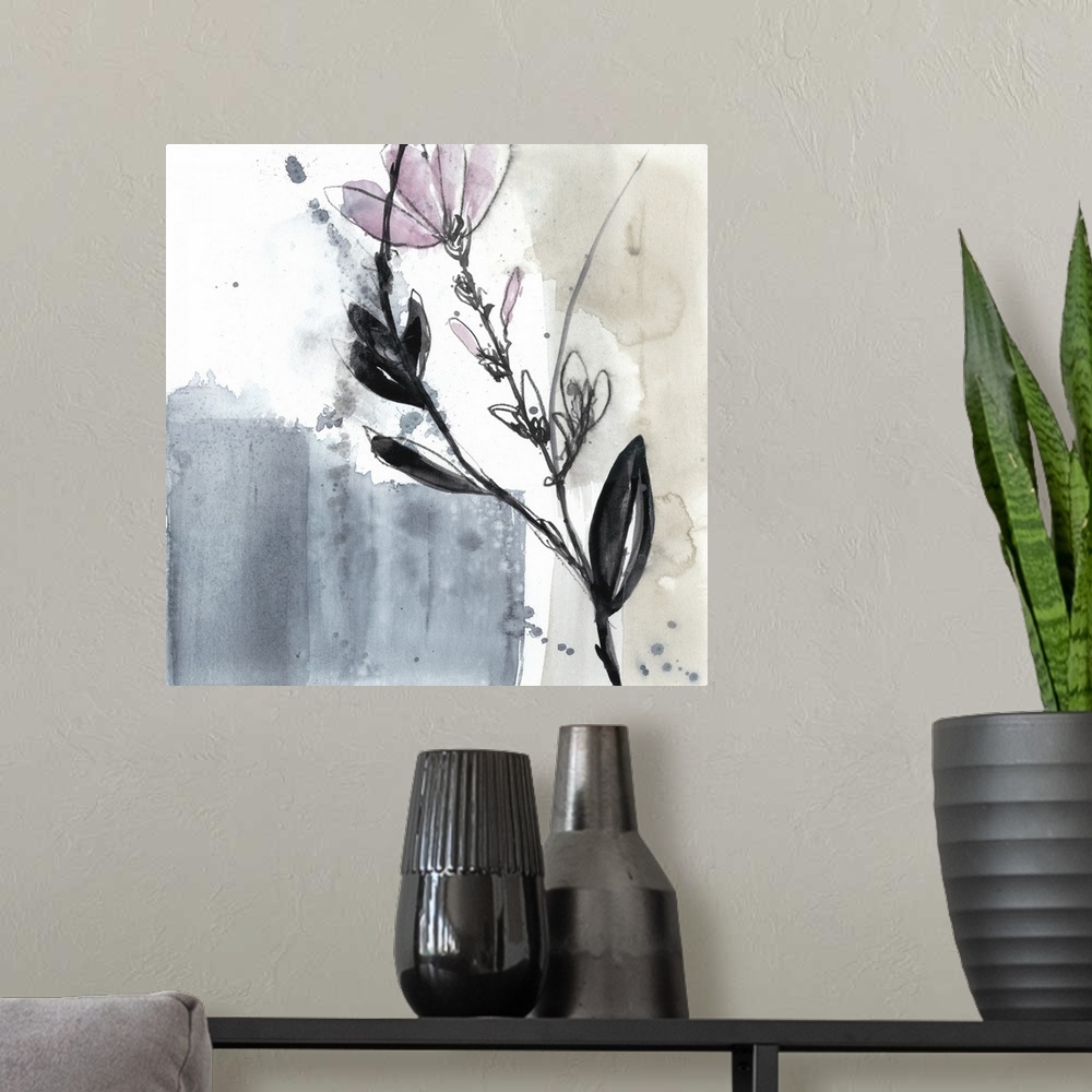 A modern room featuring Square watercolor abstract of small pink flowers along strokes of gray a beige with overlapping s...
