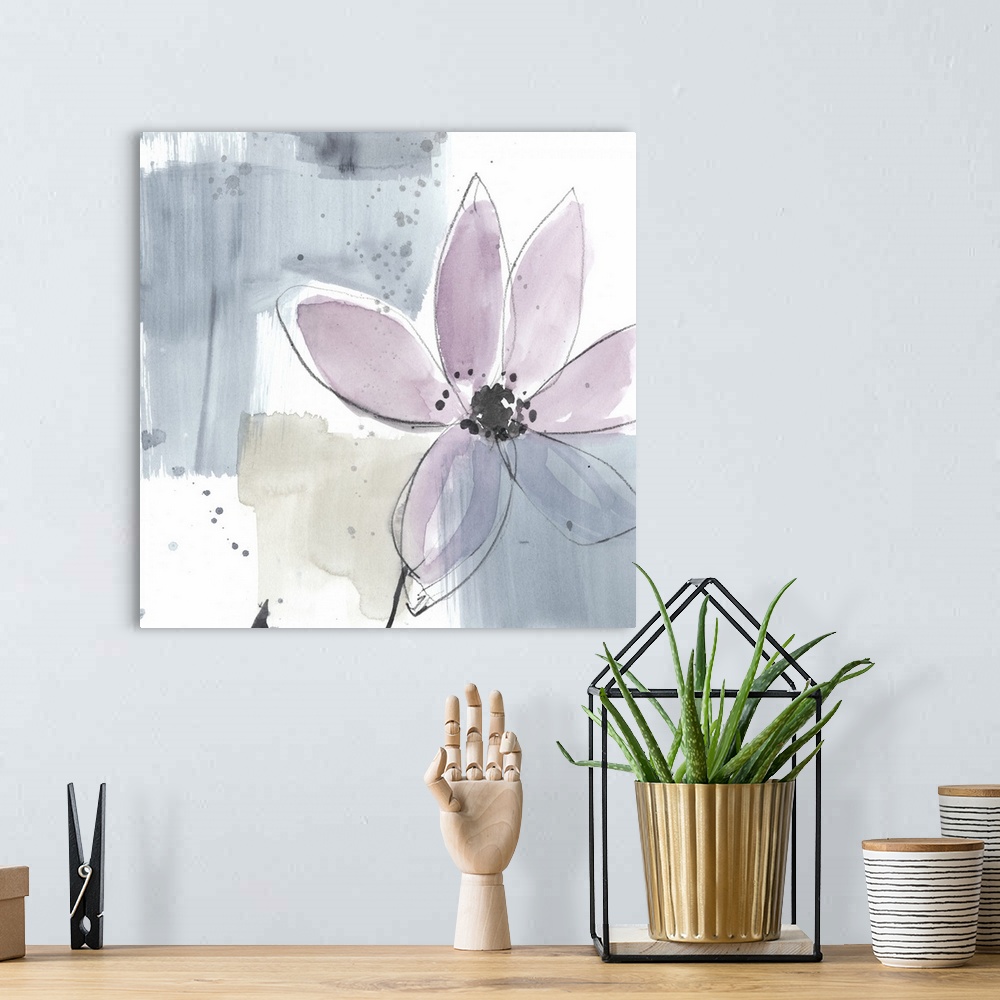 A bohemian room featuring Square watercolor abstract of a pink flower along strokes of gray and beige with overlapping spat...