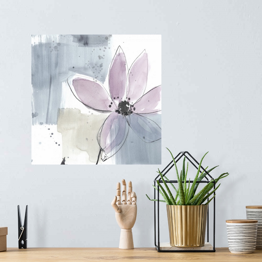 A bohemian room featuring Square watercolor abstract of a pink flower along strokes of gray and beige with overlapping spat...