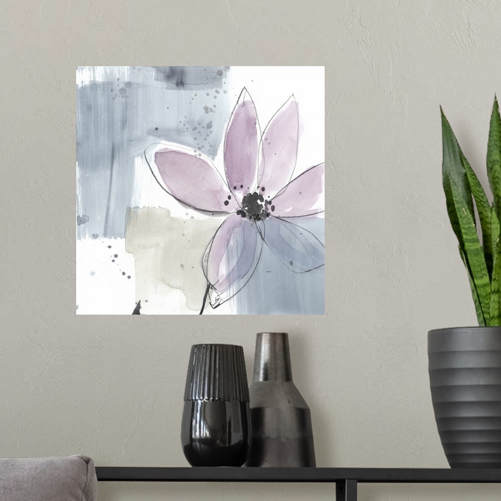 A modern room featuring Square watercolor abstract of a pink flower along strokes of gray and beige with overlapping spat...