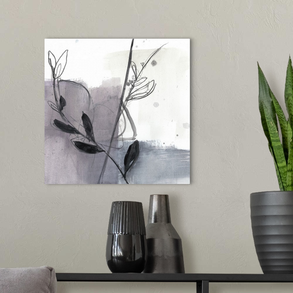 A modern room featuring Square watercolor abstract of flower stems along strokes of gray and beige with overlapping spatt...
