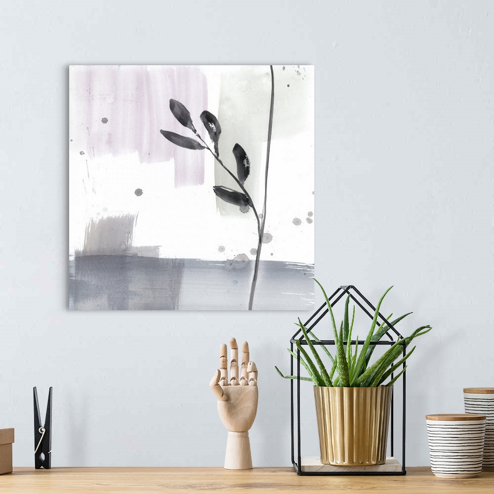 A bohemian room featuring Square watercolor abstract of a flower stem along strokes of pink and beige with overlapping spat...