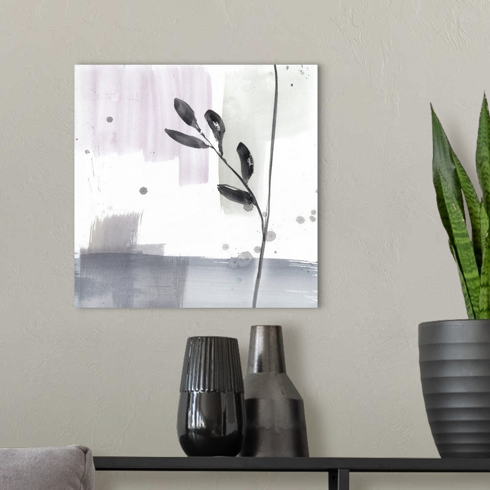 A modern room featuring Square watercolor abstract of a flower stem along strokes of pink and beige with overlapping spat...
