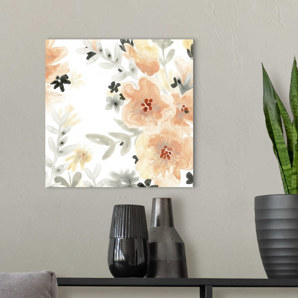 A modern room featuring Watercolor painting of blush orange flowers with gray and black foliage on a white square backgro...