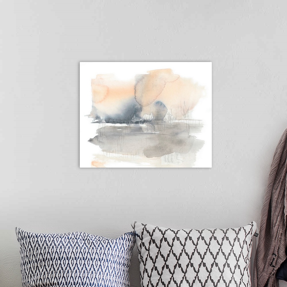 A bohemian room featuring A light, watercolor abstract in shades of peach and grey is reminiscent of a landscape.