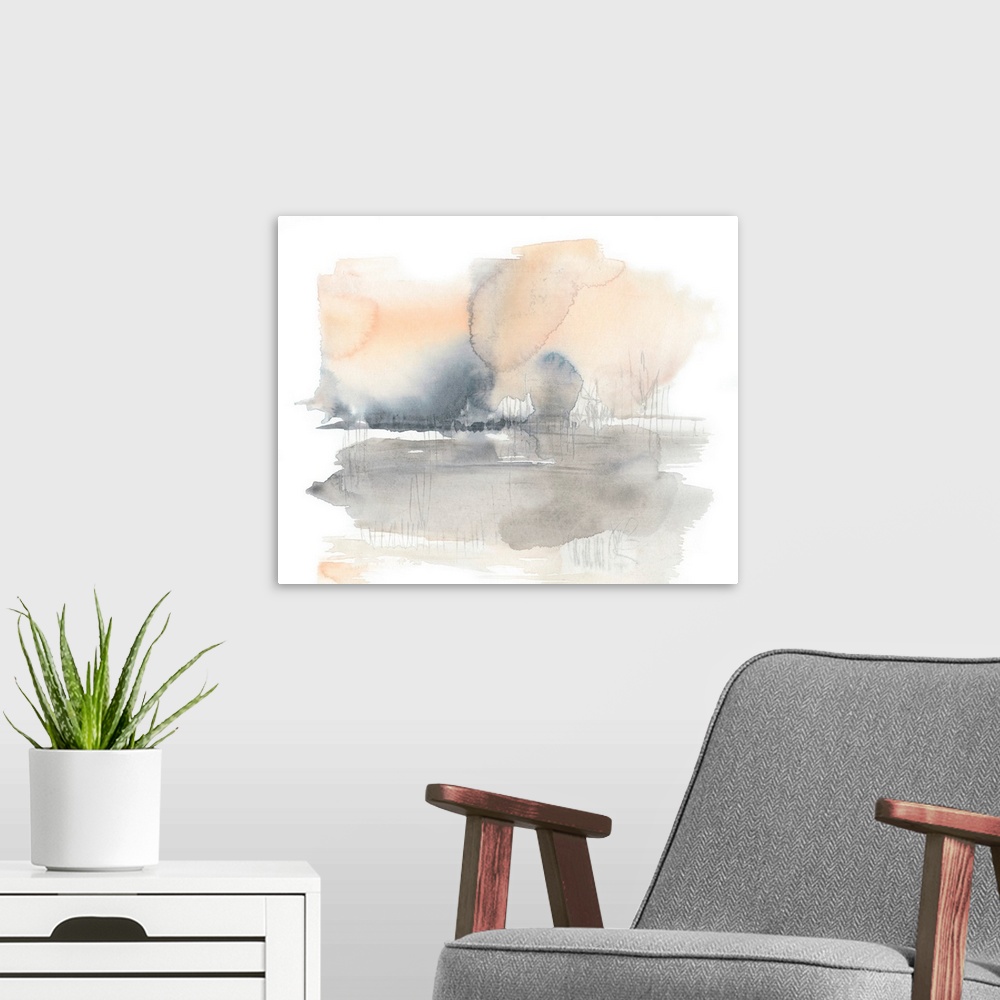 A modern room featuring A light, watercolor abstract in shades of peach and grey is reminiscent of a landscape.