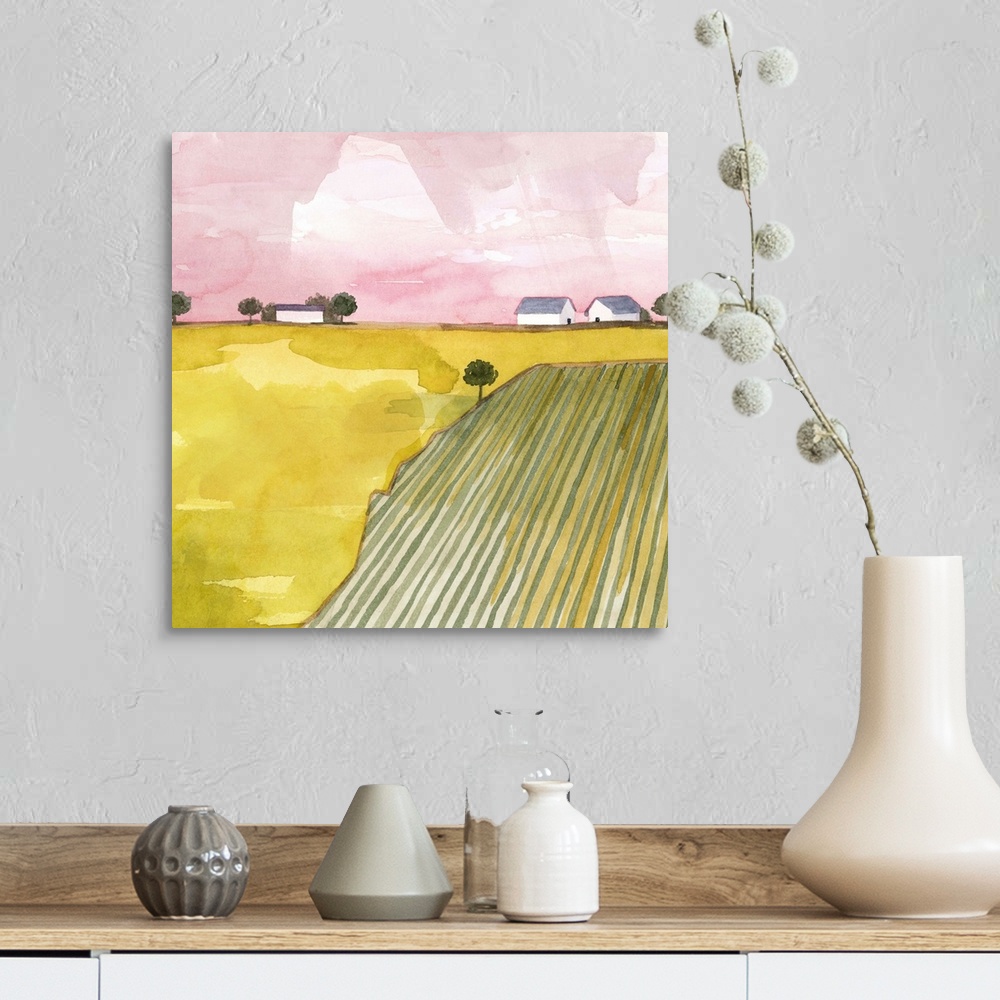 A farmhouse room featuring Pink and green contemporary watercolor landscape.