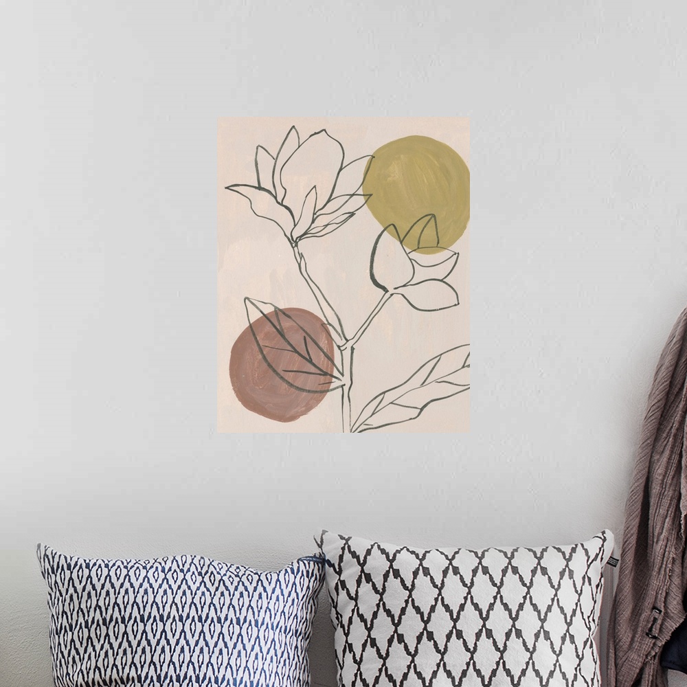 A bohemian room featuring Contemporary painting featuring floral shapes outlined in black on top of a dusty blush pink back...