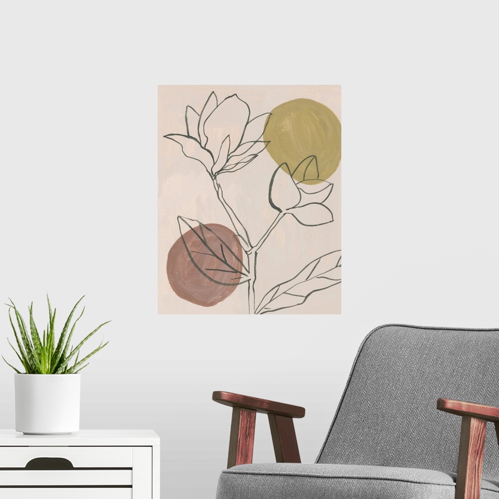 A modern room featuring Contemporary painting featuring floral shapes outlined in black on top of a dusty blush pink back...