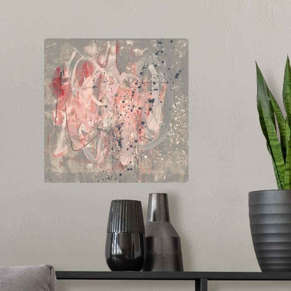 A modern room featuring Untamed brush strokes in shades of pink overlap blocks of gray color adorned with splatters and g...