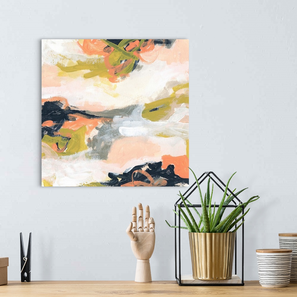 A bohemian room featuring Contemporary abstract painting in blush, olive, and navy.