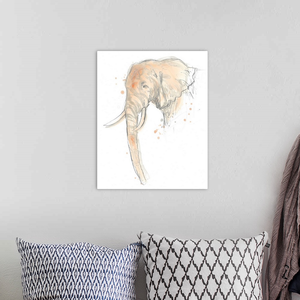 A bohemian room featuring Blush pink and gray watercolor painting of an elephant.