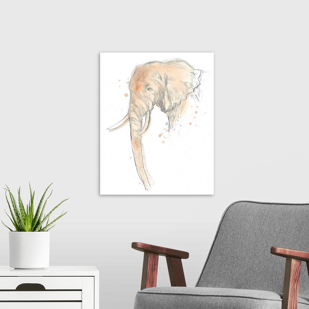A modern room featuring Blush pink and gray watercolor painting of an elephant.