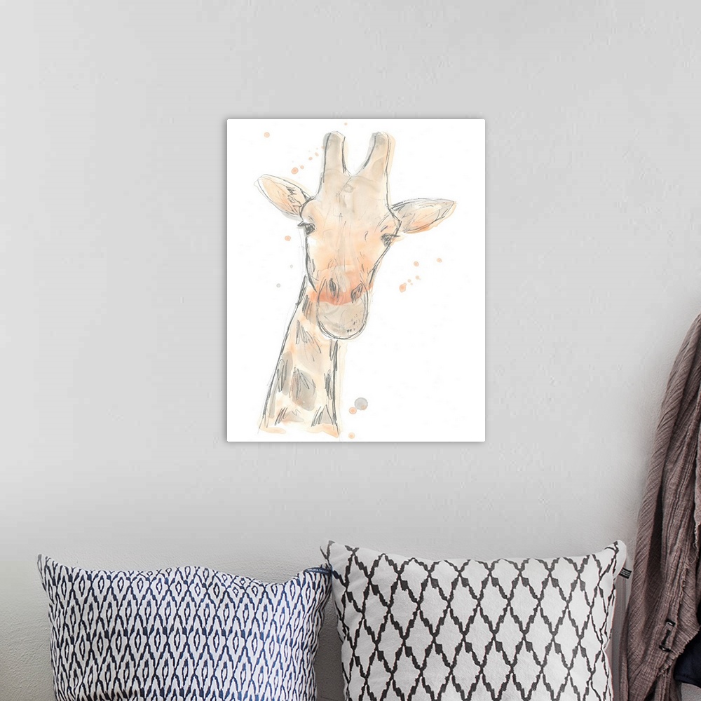 A bohemian room featuring Blush pink and gray watercolor painting of a giraffe.