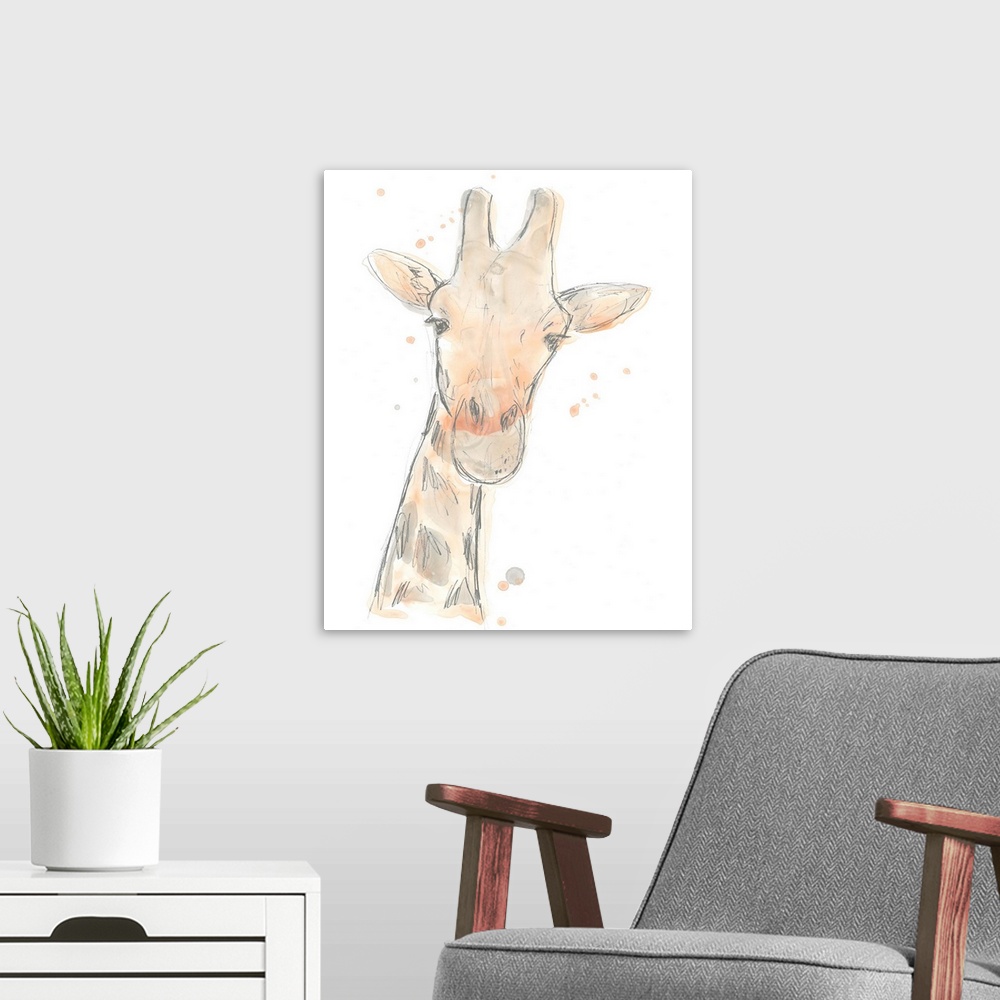 A modern room featuring Blush pink and gray watercolor painting of a giraffe.