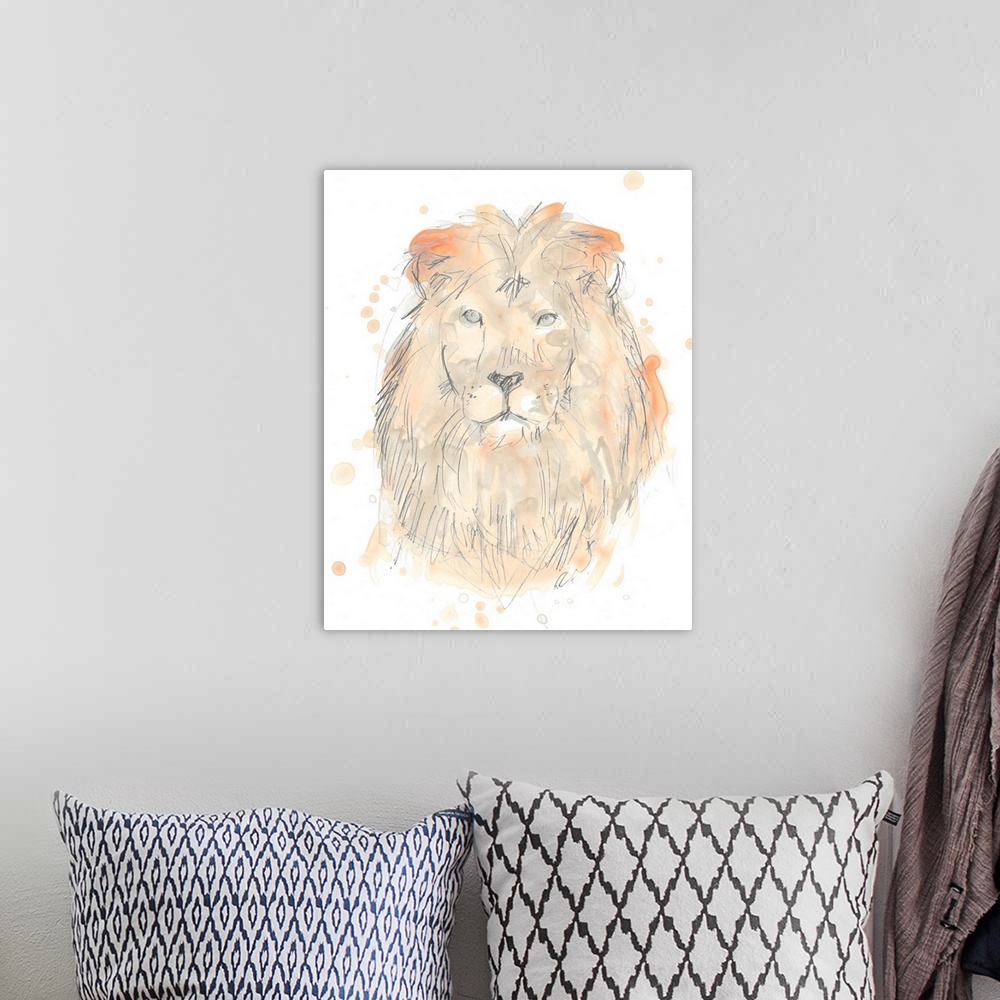 A bohemian room featuring Blush pink and gray watercolor painting of a lion.