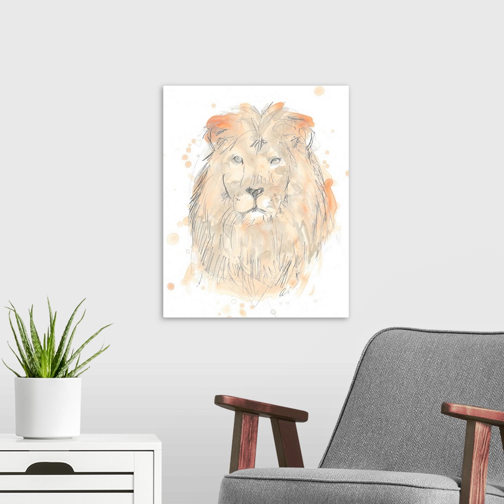 A modern room featuring Blush pink and gray watercolor painting of a lion.
