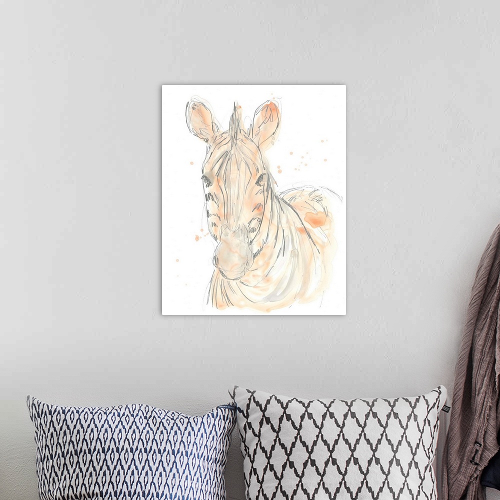 A bohemian room featuring Blush pink and gray watercolor painting of a zebra.