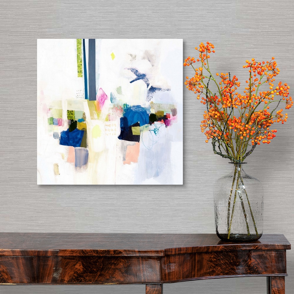 A traditional room featuring Contemporary abstract painting in bright hues on a neutral background.