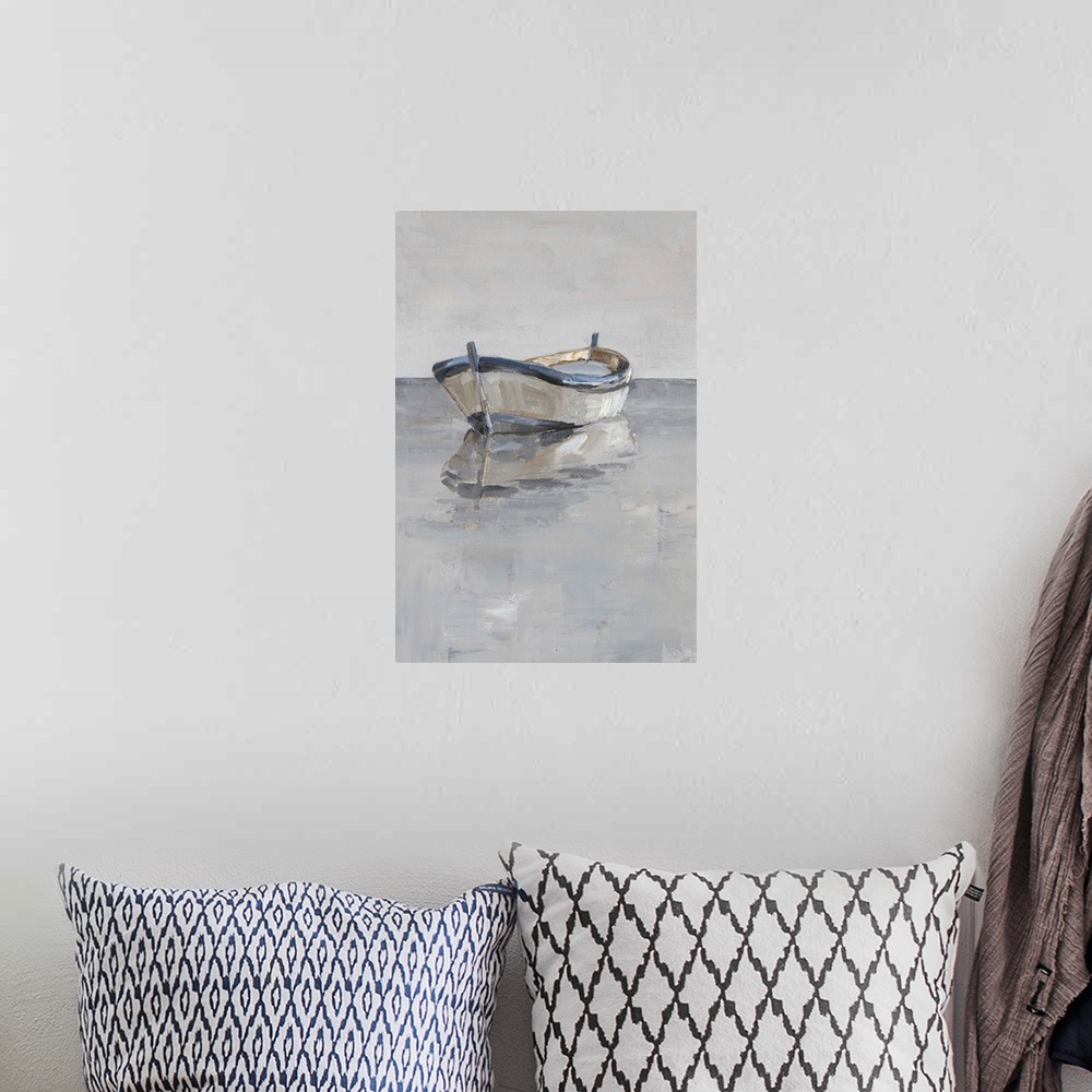 A bohemian room featuring Contemporary painting of a boat sitting on the ocean in various gray tones.