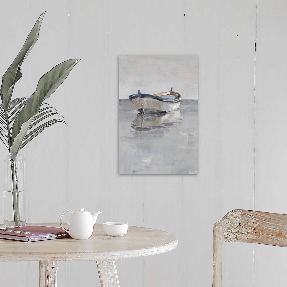 A farmhouse room featuring Contemporary painting of a boat sitting on the ocean in various gray tones.