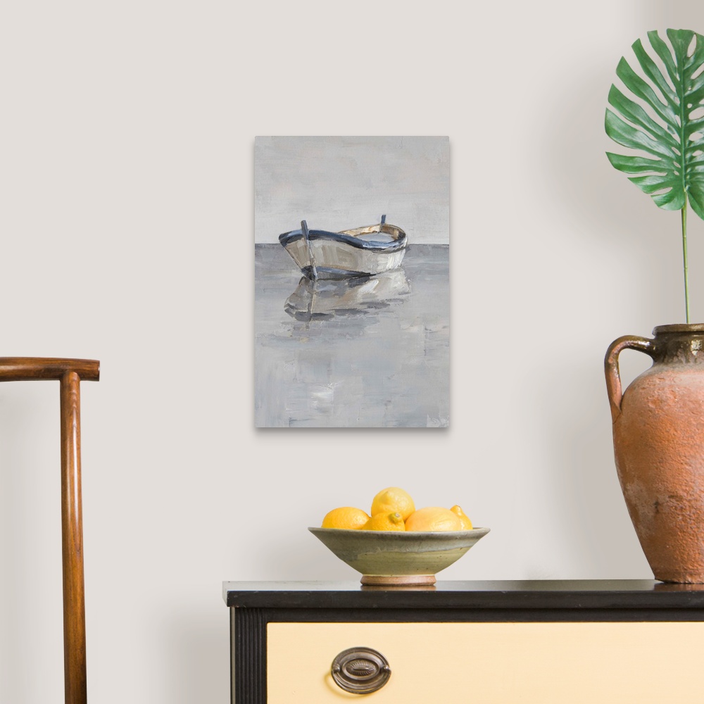 A traditional room featuring Contemporary painting of a boat sitting on the ocean in various gray tones.