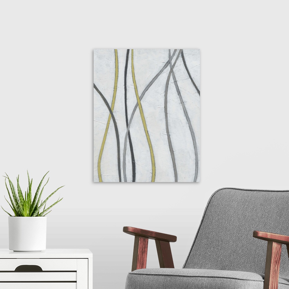 A modern room featuring Abstract artwork of thin vines weaving along a white background.