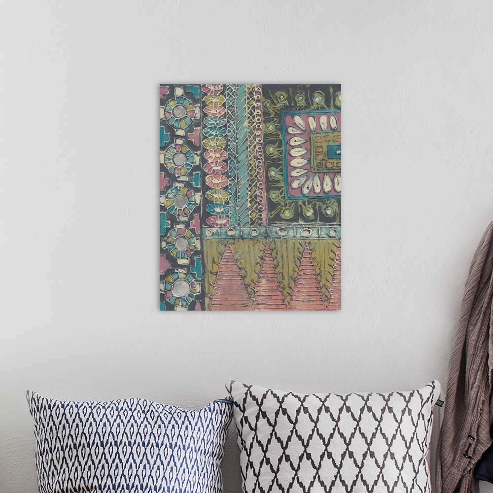 A bohemian room featuring A bohemian design of textured triangle and circular shapes in pink, blue and green.