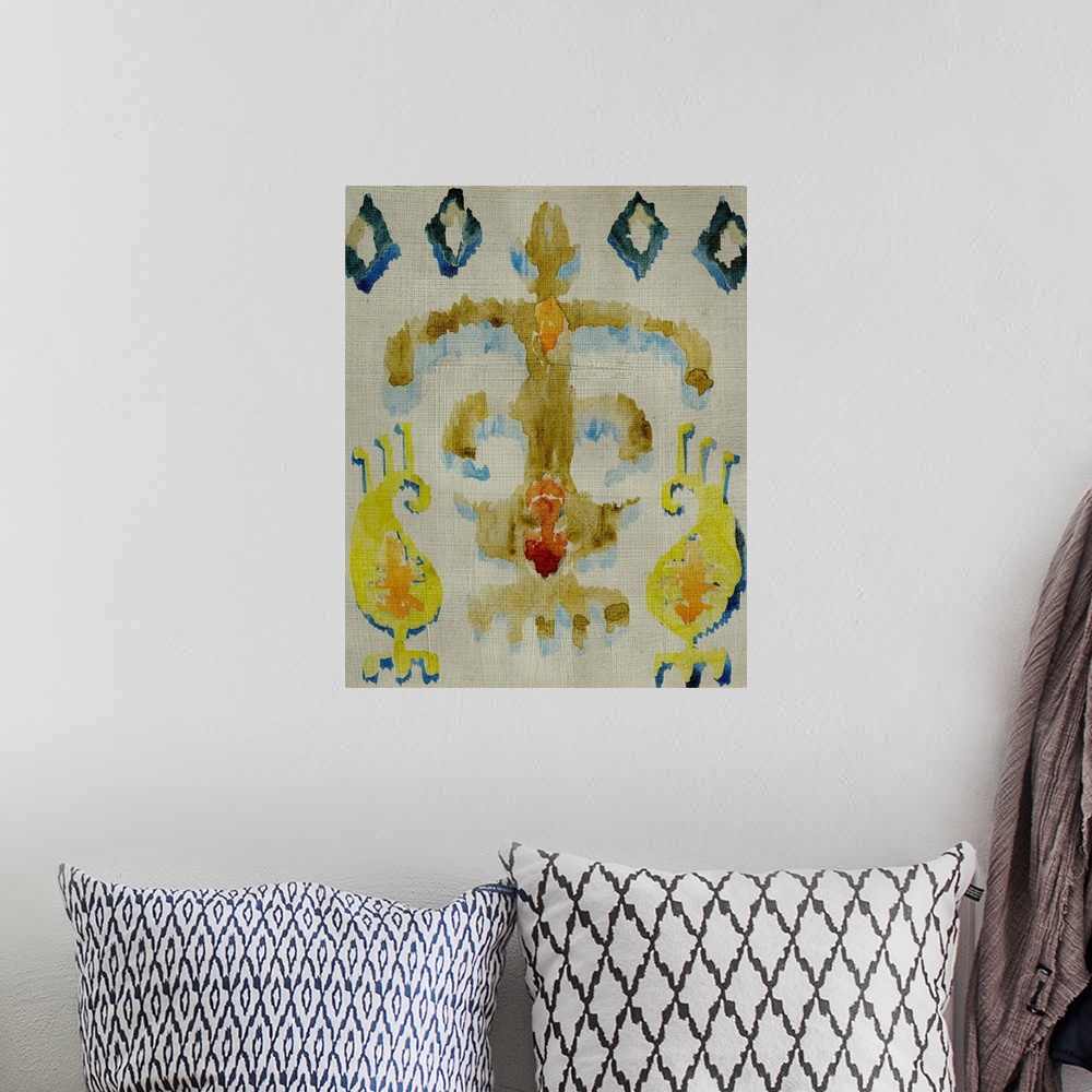 A bohemian room featuring Multi-colored bohemian ikat pattern in watercolor.