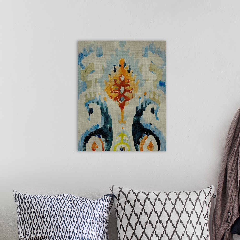 A bohemian room featuring Multi-colored bohemian ikat pattern in watercolor.