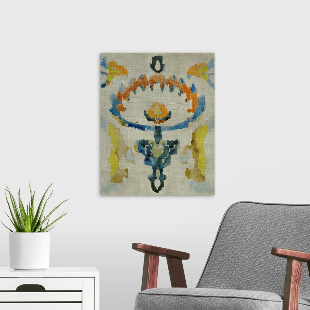 A modern room featuring Multi-colored bohemian ikat pattern in watercolor.