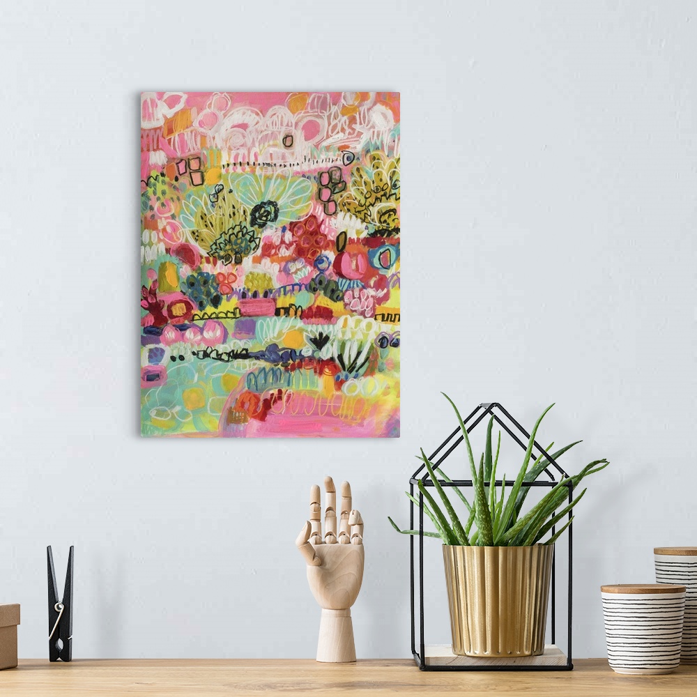 A bohemian room featuring Boho style illustration of tropical flowers in bloom in a pink garden.